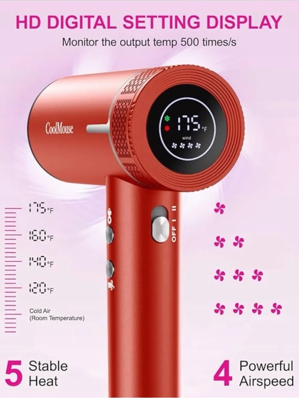Red high speed, ionic hairdryer, fast drying low noise, compact #VA4